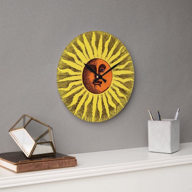 Vintage Himmelsgelbe lächelnd glückliche Hippie Su Große Wanduhr (Büro)