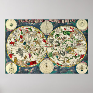 Vintage-Himmelskarte der Sternbilder 1670 Poster