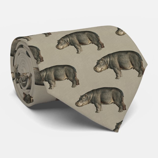 Vintage Hippos on Khaki Beige Linen Krawatte (Gerollt)