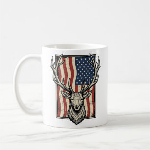 Vintage-Hirsch-Amerikanische-Flagge-Jagd-Shirt-Des Kaffeetasse