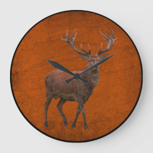 vintage Hirsch in orange Natur Große Wanduhr