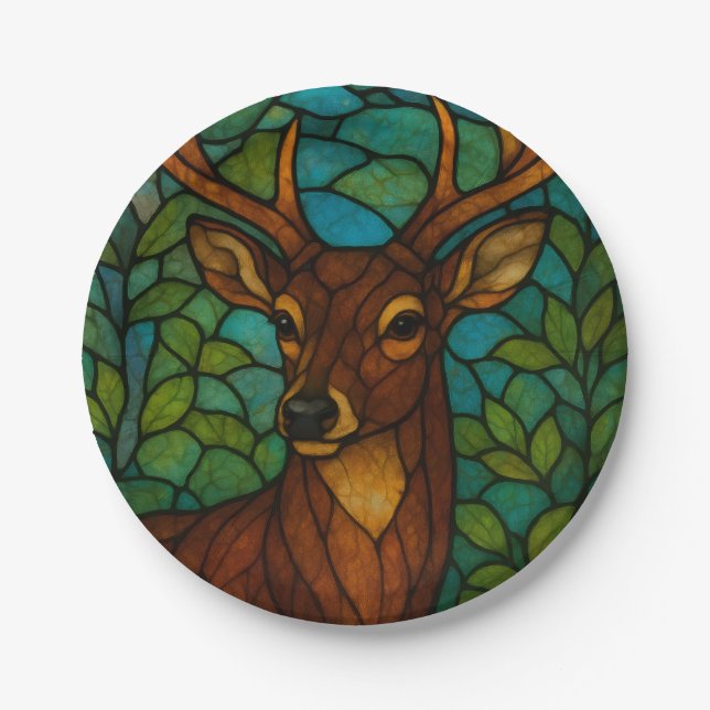 Vintage-Hirsch-Tiffany-Stil-Buntglas-Kunst Pappteller (Vorderseite)