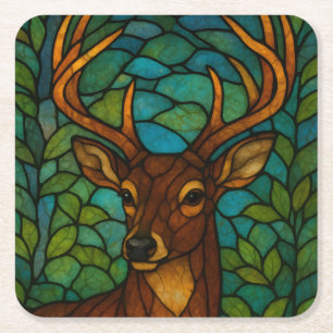 Vintage-Hirsch-Tiffany-Stil-Buntglas-Kunst Rechteckiger Pappuntersetzer