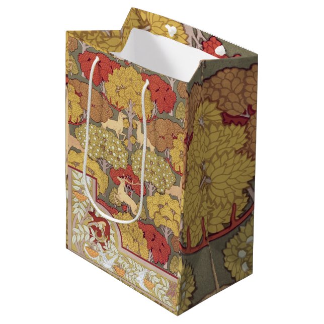 Vintage Hirsch Wald Sage Grün Muster Mittlere Geschenktüte (Vorderseite Schrägansicht)