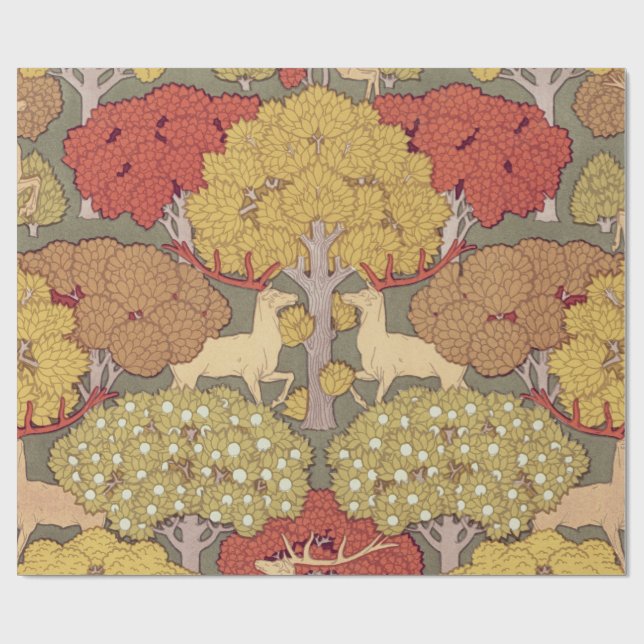 Vintage Hirsch Wald Salbei Grün Muster Geschenkpapier (Flach)