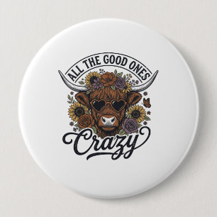Vintage-Hochlandkuh-Blumen-Verrücktes-Zitat-Design Button