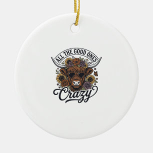 Vintage-Hochlandkuh-Blumen-Verrücktes-Zitat-Design Keramik Ornament