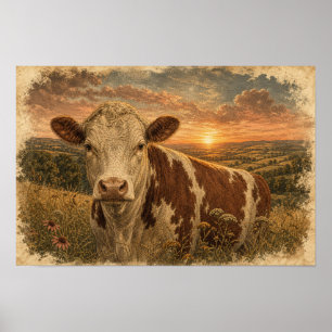 Vintage-Hochlandkuh-Sonnenuntergangs-Illustration Poster