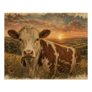 Vintage-Hochlandkuh-Sonnenuntergangs-Illustration Poster