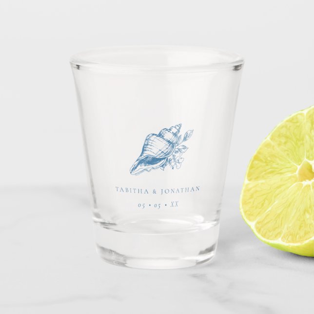 Vintage Hochzeit am Blue Seashell Coastal Schnapsglas (Vorderseite)