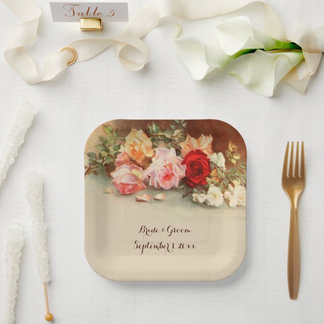 Vintage Hochzeit, antike Rose Blume Stillleben Pappteller (Hochzeit)
