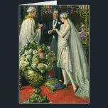 Vintage Hochzeit, Braut und Bräutigam mit Menorah<br><div class="desc">Vintage Illustration Liebe und romanische Hochzeitszeremonie mit einem Ehepaar,  das in einer schönen Synagoge mit Buntglasfenstern,  Blume und einer sieben Zweigstellen-Menorah heiraten wird. Die Braut trägt ein langes weißes Hochzeitskleid und der Bräutigam ist gut aussehend in seinem Smoking.</div>