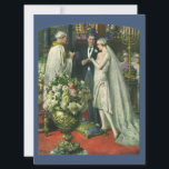 Vintage Hochzeit, Braut und Bräutigam mit Menorah Einladung<br><div class="desc">Vintage Illustration Liebe und romanische Hochzeitszeremonie mit einem Ehepaar,  das in einer schönen Synagoge mit Buntglasfenstern,  Blume und einer sieben Zweigstellen-Menorah heiraten wird. Die Braut trägt ein langes weißes Hochzeitskleid und der Bräutigam ist gut aussehend in seinem Smoking.</div>