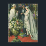 Vintage Hochzeit, Braut und Bräutigam mit Menorah Postkarte<br><div class="desc">Vintage Illustration Liebe und romanische Hochzeitszeremonie mit einem Ehepaar,  das in einer schönen Synagoge mit Buntglasfenstern,  Blume und einer sieben Zweigstellen-Menorah heiraten wird. Die Braut trägt ein langes weißes Hochzeitskleid und der Bräutigam ist gut aussehend in seinem Smoking.</div>