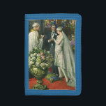 Vintage Hochzeit, Braut und Bräutigam mit Menorah Tri-fold Geldbeutel<br><div class="desc">Vintage Illustration Liebe und romanische Hochzeitszeremonie mit einem Ehepaar,  das in einer schönen Synagoge mit Buntglasfenstern,  Blume und einer sieben Zweigstellen-Menorah heiraten wird. Die Braut trägt ein langes weißes Hochzeitskleid und der Bräutigam ist gut aussehend in seinem Smoking.</div>