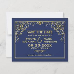 Vintage Hochzeit der Marine und der Golden Art Dec Save The Date