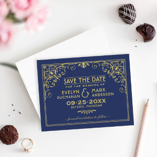 Vintage Hochzeit der Marine und der Golden Art Dec Save The Date
