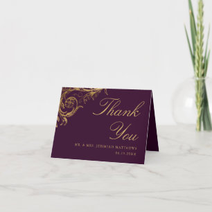 Vintage Hochzeit des Lila Goldfloral-Damaskus-Foto Dankeskarte