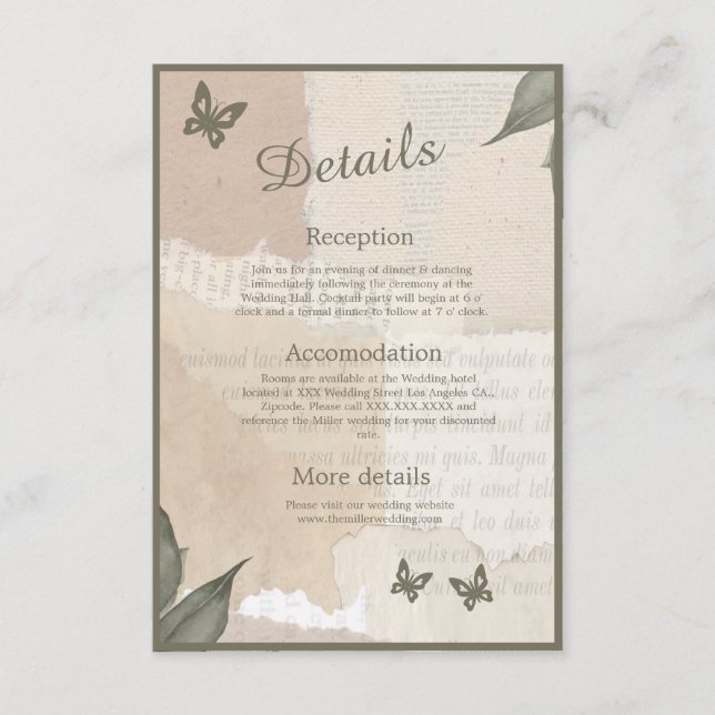 Vintage Hochzeit im bohenhaften Grün Begleitkarte (Vorderseite)