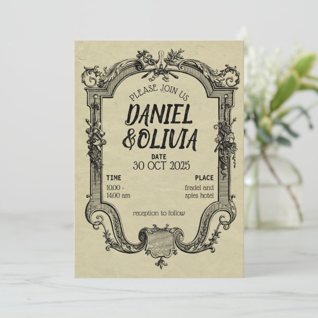 Vintage Hochzeit in grüner Schwarz Einladung (Stehend Vorderseite)