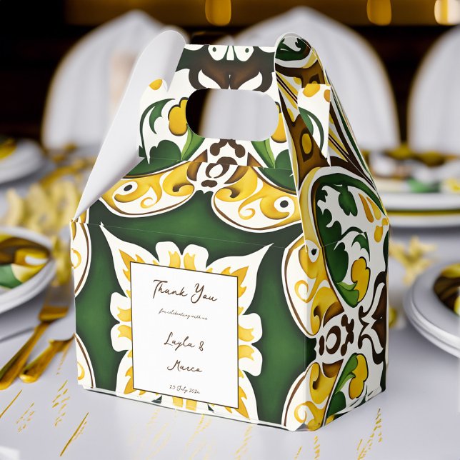 Vintage Hochzeit in grüngelben, mediterranen Kache Geschenkschachtel (Green yellow vintage Mediterranean tile wedding favors personalized printed Favor Box)