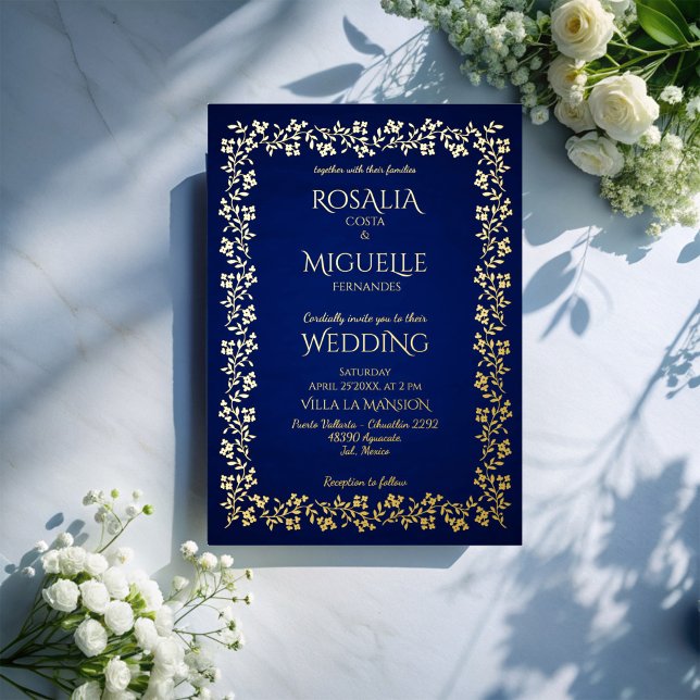 Vintage Hochzeit in Navy und Gold Folieneinladung (Navy blue and gold vintage floral border luxury elegant wedding foil invitation cards)