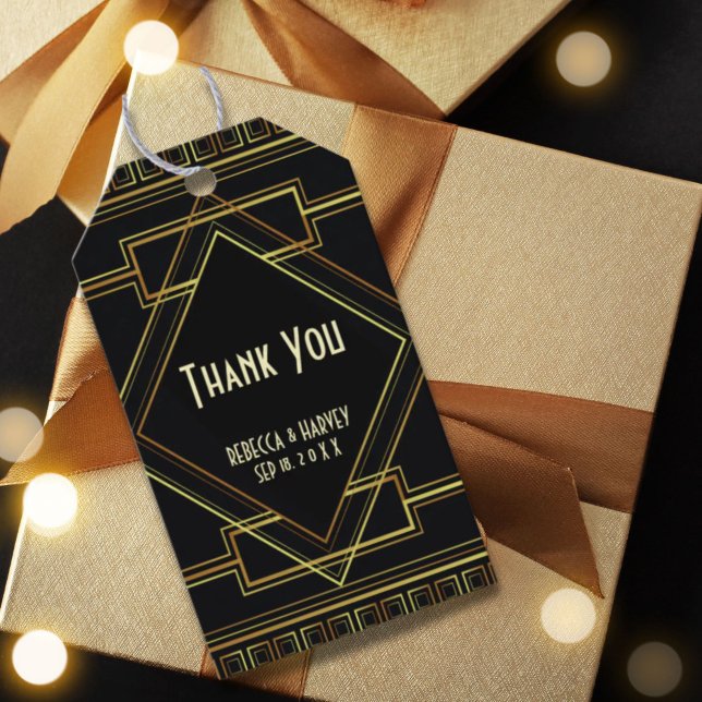 Vintage Hochzeit in Schwarz und Gold Geschenkanhänger (black and gold vintage great gatsby wedding gift tags)