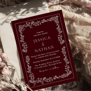 Vintage Hochzeit in tiefem Burgunderrot und Weiß e Einladung