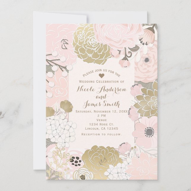 Vintage Hochzeit mit dem Botanischen Rosa Einladung (Vorderseite)