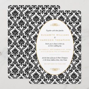 Vintage Hochzeit mit Gold, Schwarz und Weiß Einladung