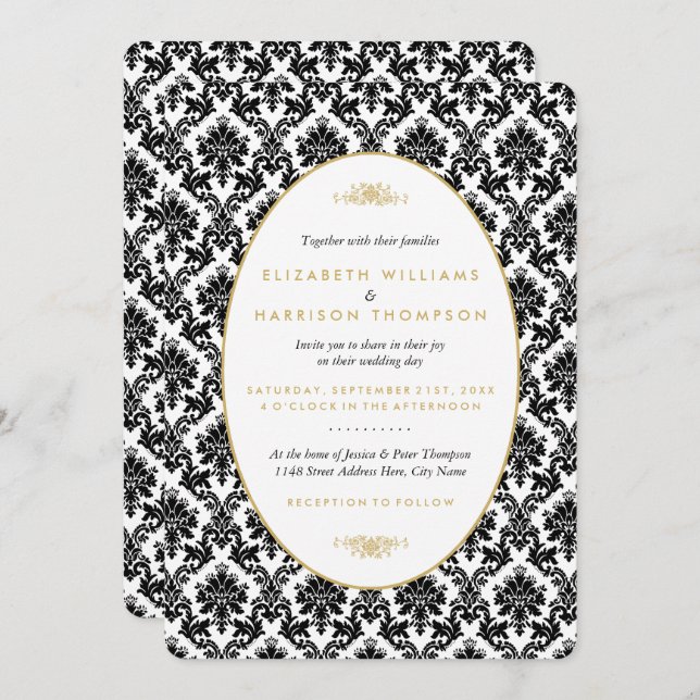 Vintage Hochzeit mit Gold, Schwarz und Weiß Einladung (Vorne/Hinten)