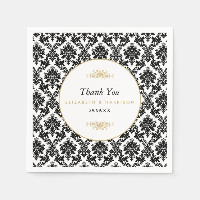 Vintage Hochzeit mit Gold, Schwarz und Weiß Serviette (Vorderseite)