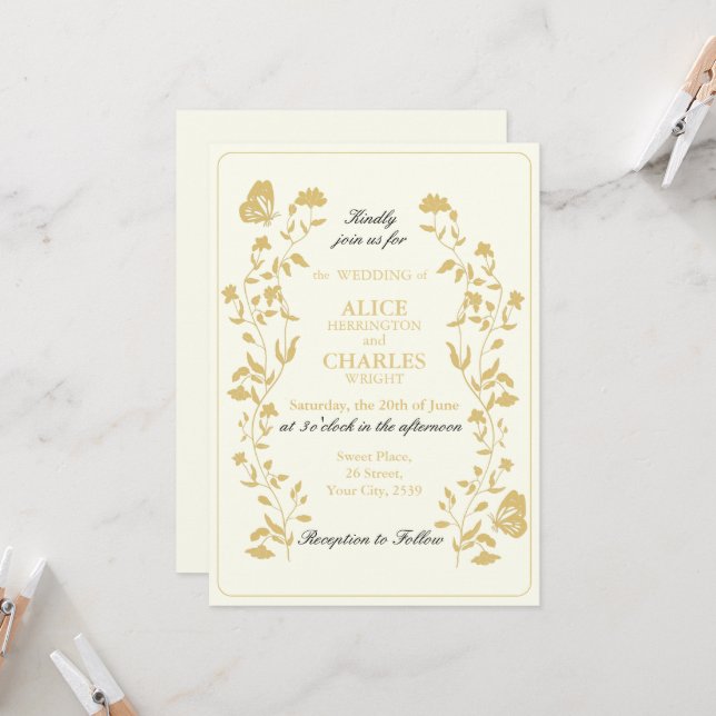 Vintage Hochzeit mit Gold und Creme Einladung (Vorderseite/Rückseite Beispiel)