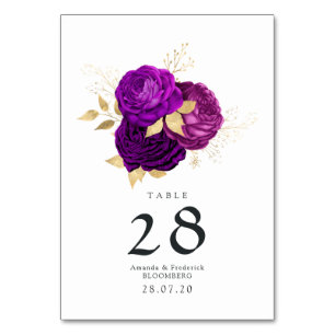Vintage Hochzeit mit lila und goldenen Blumen Tischnummer