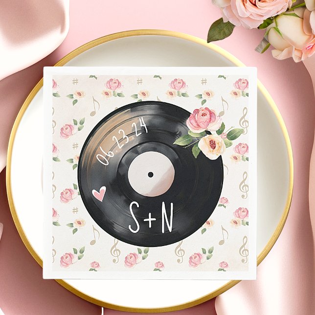 Vintage Hochzeit von Aquarell-Vinyl Serviette (Monogrammed, elegant vintage vinyl record paper napkins with  music notes and retro floral accents. )