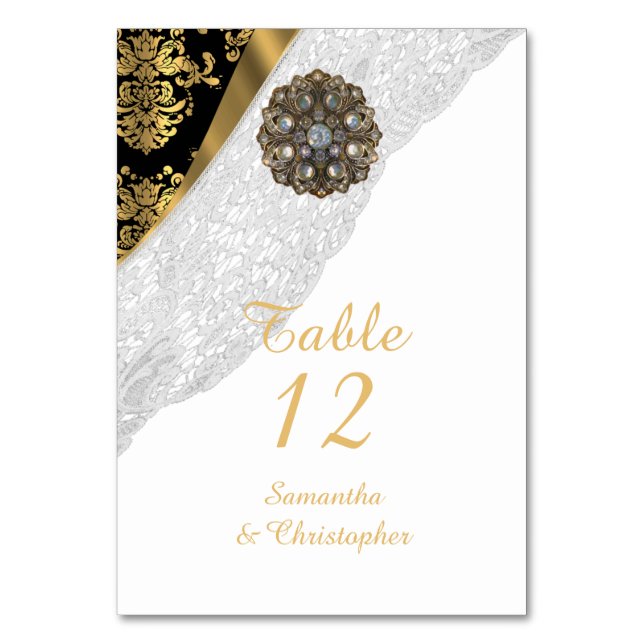 Vintage Hochzeit von Damast und Schwarz Tischnummer (Vorderseite)