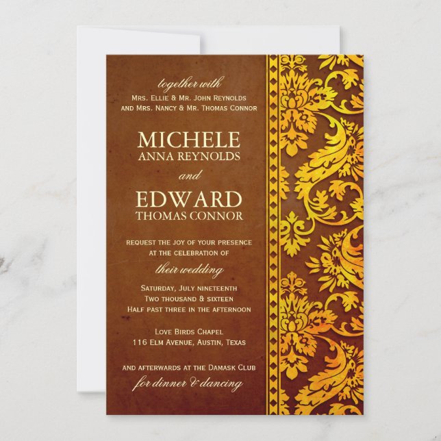 Vintage Hochzeit von Gold & Brown Damask Einladung (Vorderseite)