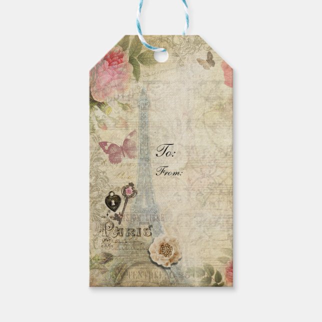 Vintage Hochzeit von Paris Roses & Key Chic Geschenkanhänger (Vorderseite)