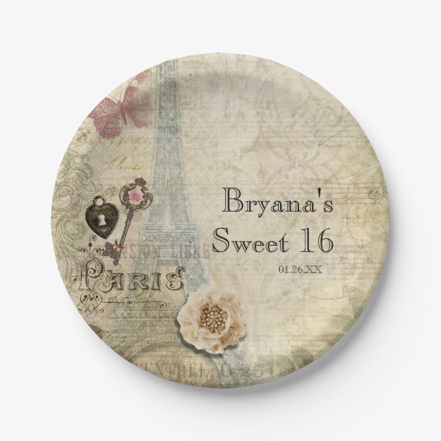 Vintage Hochzeit von Paris Roses & Key Chic Pappteller (Vorderseite)