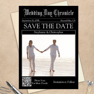Vintage-Hochzeits-QR-Code in der Zeitung - Save-th Save The Date
