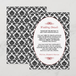Vintage Hochzeitsdetails in Rot, Schwarz und Weiß Begleitkarte