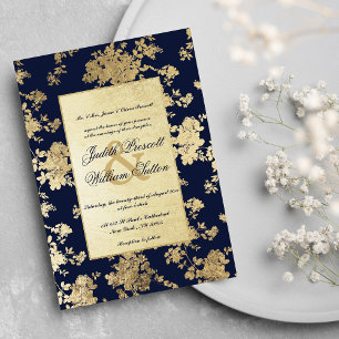 Vintage Hochzeitseinladung im marinen Blau mit gol Einladung