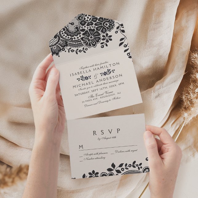 Vintage Hochzeitsfeier in Schwarzweiß All In One Einladung (Black and white elegant vintage lace wedding all in one invitation)