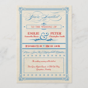 Vintage-Hochzeitsposter Rot, Weiß & Blau Einladung