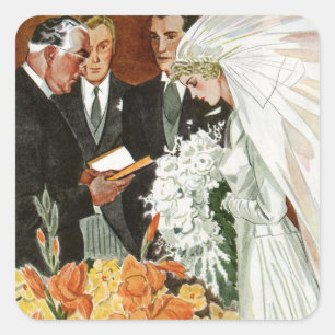 Vintage-Hochzeitszeremonie mit Braut und Bräutigam Quadratischer Aufkleber