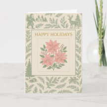 Vintage Holiday Card with Pink Poinsettias & Woodl