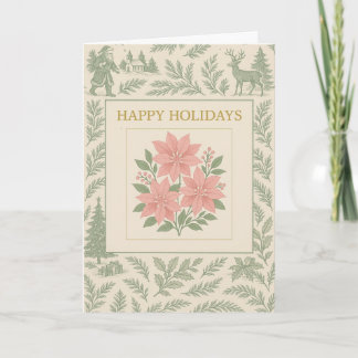 Vintage Holiday Card with Pink Poinsettias & Woodl Karte