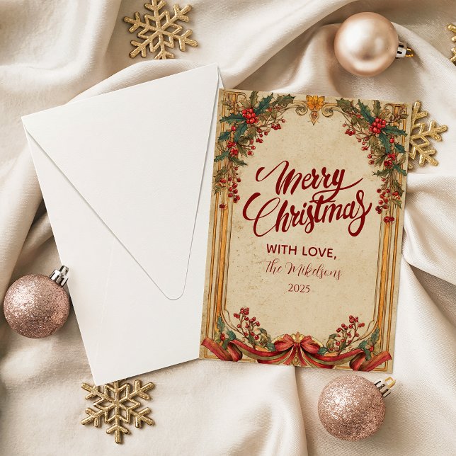 Vintage Holly and Gold Christmas Feiertagskarte (Von Creator hochgeladen)