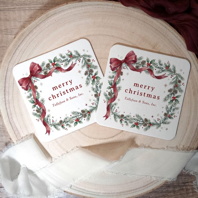 Vintage Holly Bow Business Christmas Party Rechteckiger Pappuntersetzer (Elegant red and green Christmas coasters with watercolor frame, bow, and personalized holiday text)