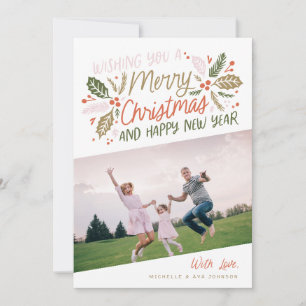 Vintage Holly Bright Typografie Weihnachtsfoto Feiertagskarte